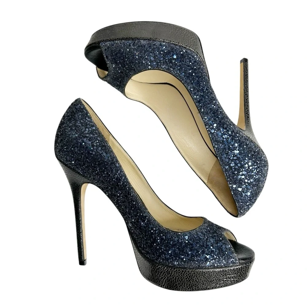 JIMMY CHOO Crown Coarse Glitter Peep Toe Stiletto Heels - Picture 8 of 12